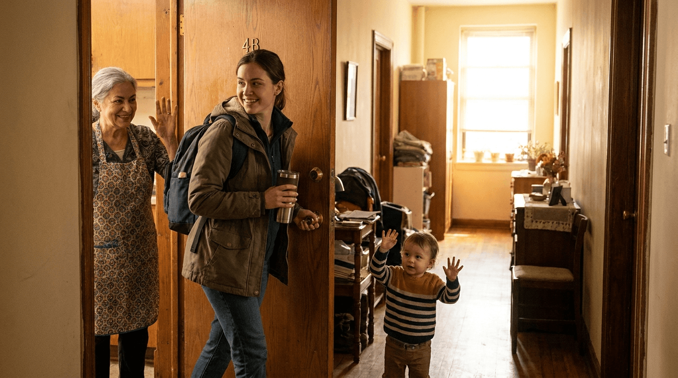 A young mother leaving her apartment for a day of work while her child waves goodbye from the doorway