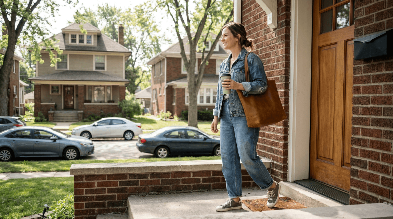 A woman leaving her front door with a coffee on her way to a flexible day of work