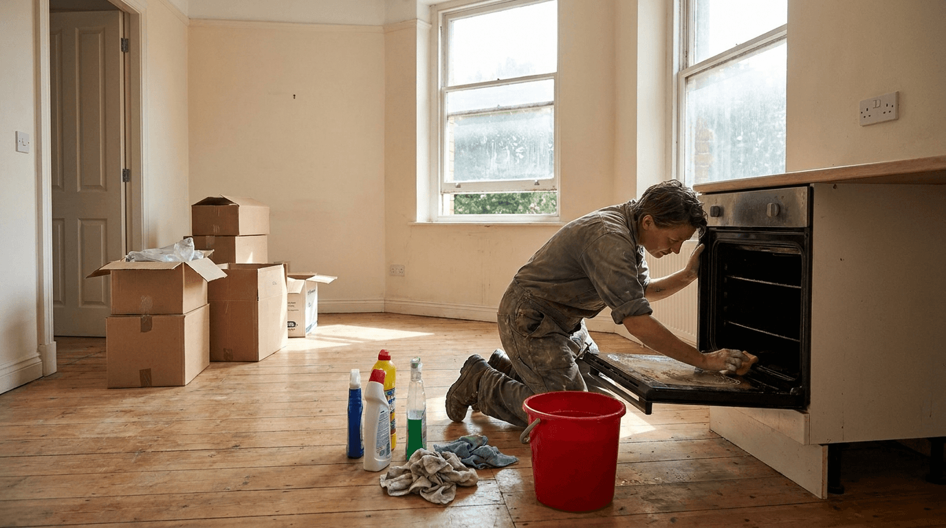 A person deep-cleaning the oven of an emptied apartment before handover