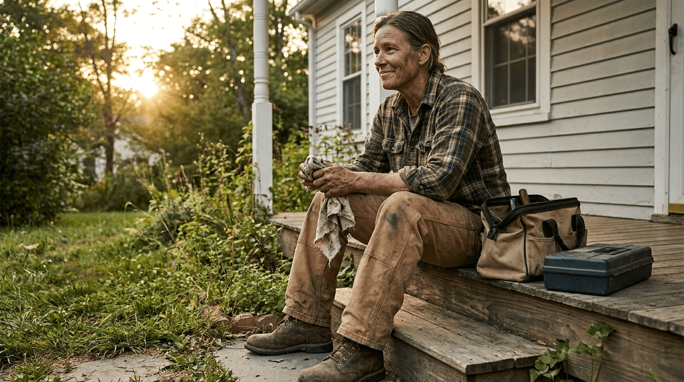 A worker resting on a porch step at the end of a job, tools packed up beside him