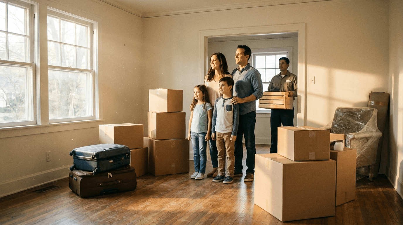 A family standing among packed boxes and suitcases in an empty living room before relocating