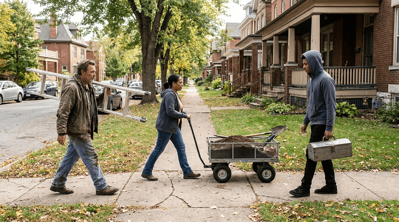 Three people on their way to different one-day jobs, carrying a ladder, a garden cart and a toolbox