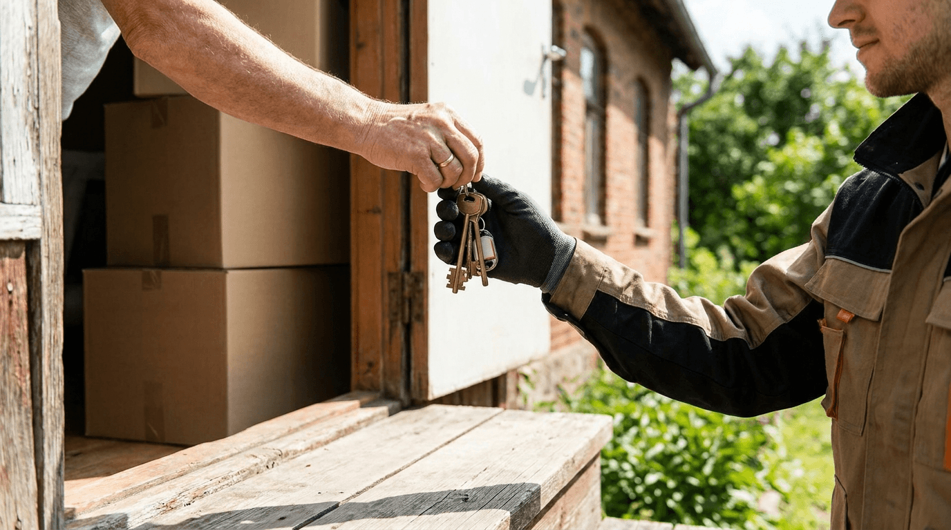 A set of house keys being handed to a helper on a doorstep, moving boxes waiting inside