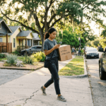 A One-Day Jober carrying moving boxes from a house to a pickup truck at the curb