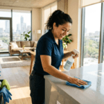 A house cleaner wiping down a kitchen counter in an Austin home
