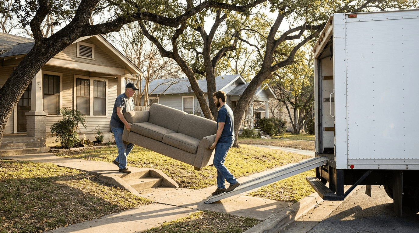 Two movers carrying a sofa down the front steps of an Austin house to a waiting moving truck