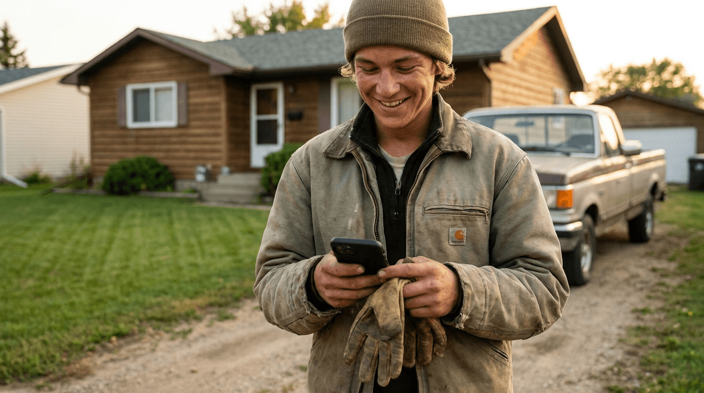A young worker in work clothes smiling at his phone after finishing a paid one-day job