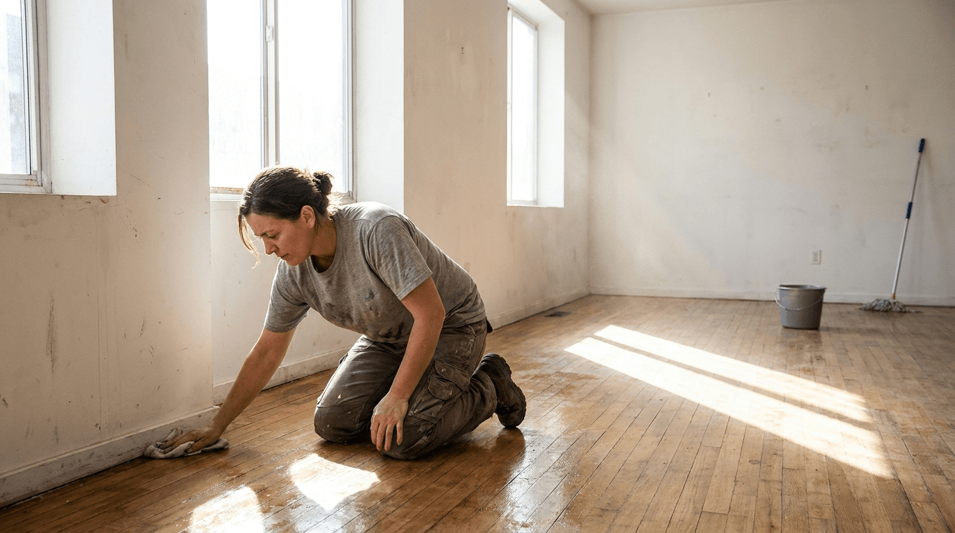 A cleaner scrubbing the floor of an empty apartment during a move-out clean