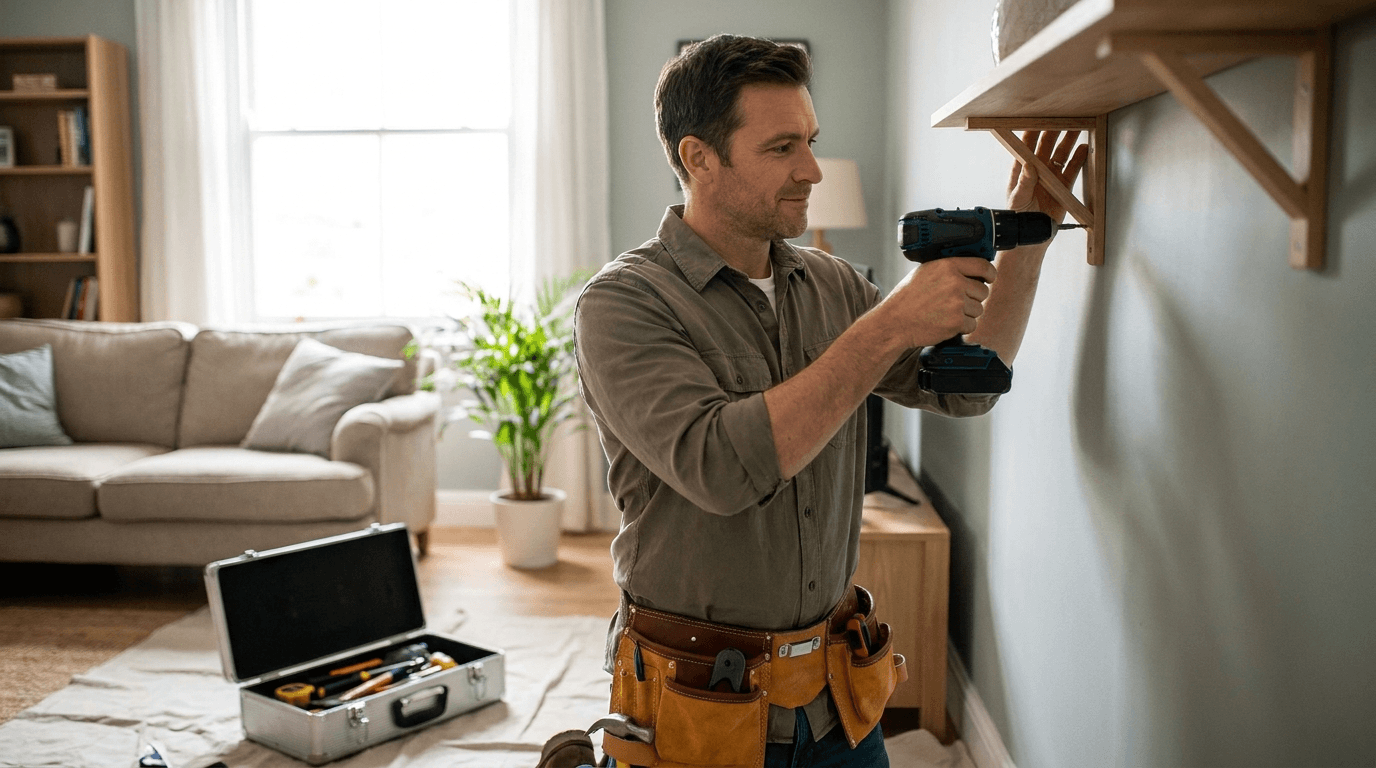 A handyman mounting a shelf on a living-room wall with a cordless drill, toolbox open on the floor