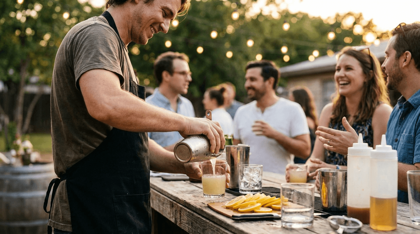 A bartender pouring drinks at a backyard party while guests wait at the bar