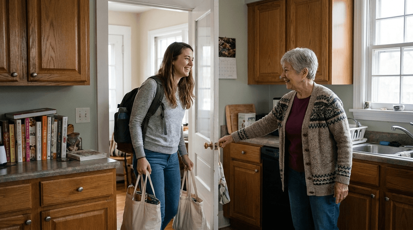 A helper carrying grocery bags into an older womans kitchen while she welcomes him in