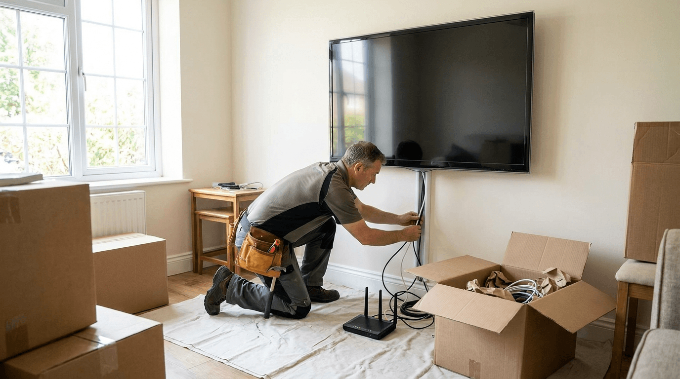 A technician kneeling under a wall-mounted TV routing cables in a living room full of moving boxes