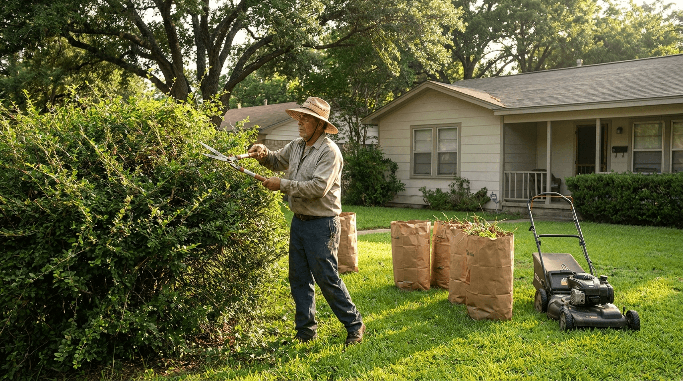 A yard worker trimming an overgrown hedge in a Texas front yard, bags of garden waste and a mower on the lawn