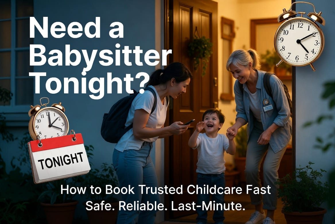 A babysitter greeting two children at the door while their parents head out for the evening