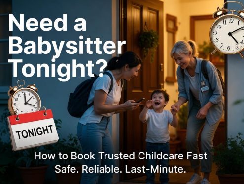 A babysitter greeting two children at the door while their parents head out for the evening