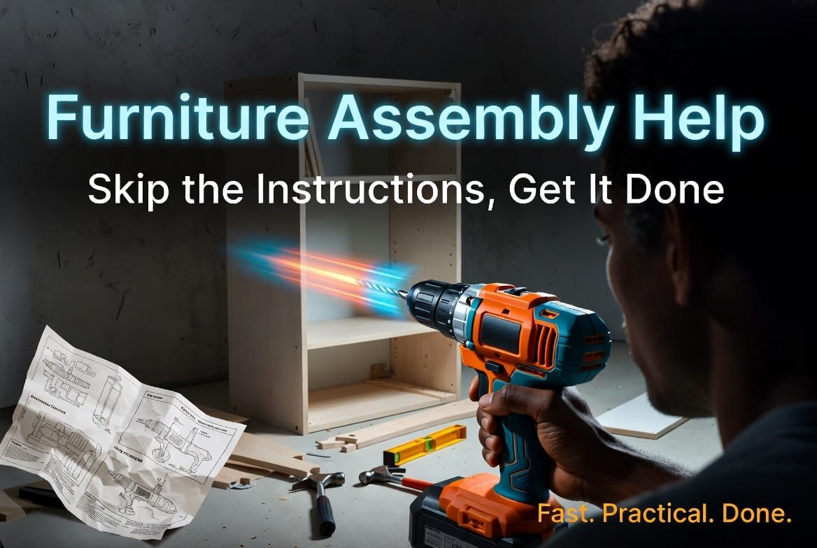 A helper assembling flat-pack furniture with a cordless drill