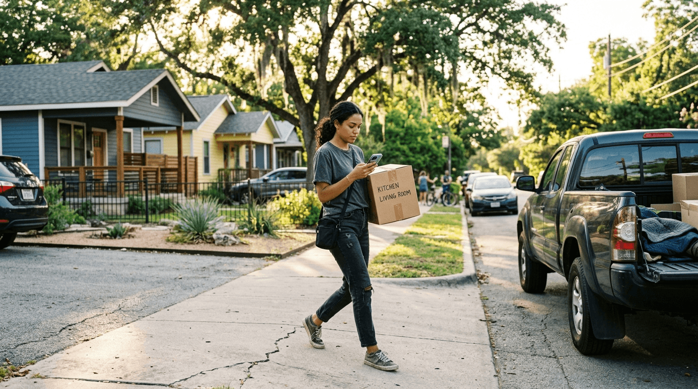 A One-Day Jober carrying moving boxes from a house to a pickup truck at the curb