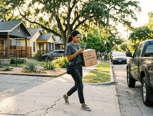 A One-Day Jober carrying moving boxes from a house to a pickup truck at the curb
