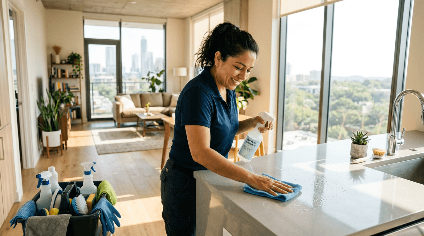 A house cleaner wiping down a kitchen counter in an Austin home