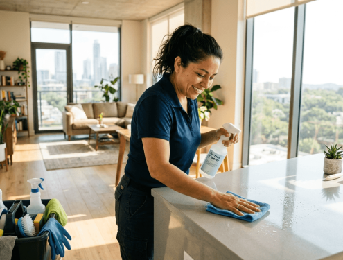 A house cleaner wiping down a kitchen counter in an Austin home