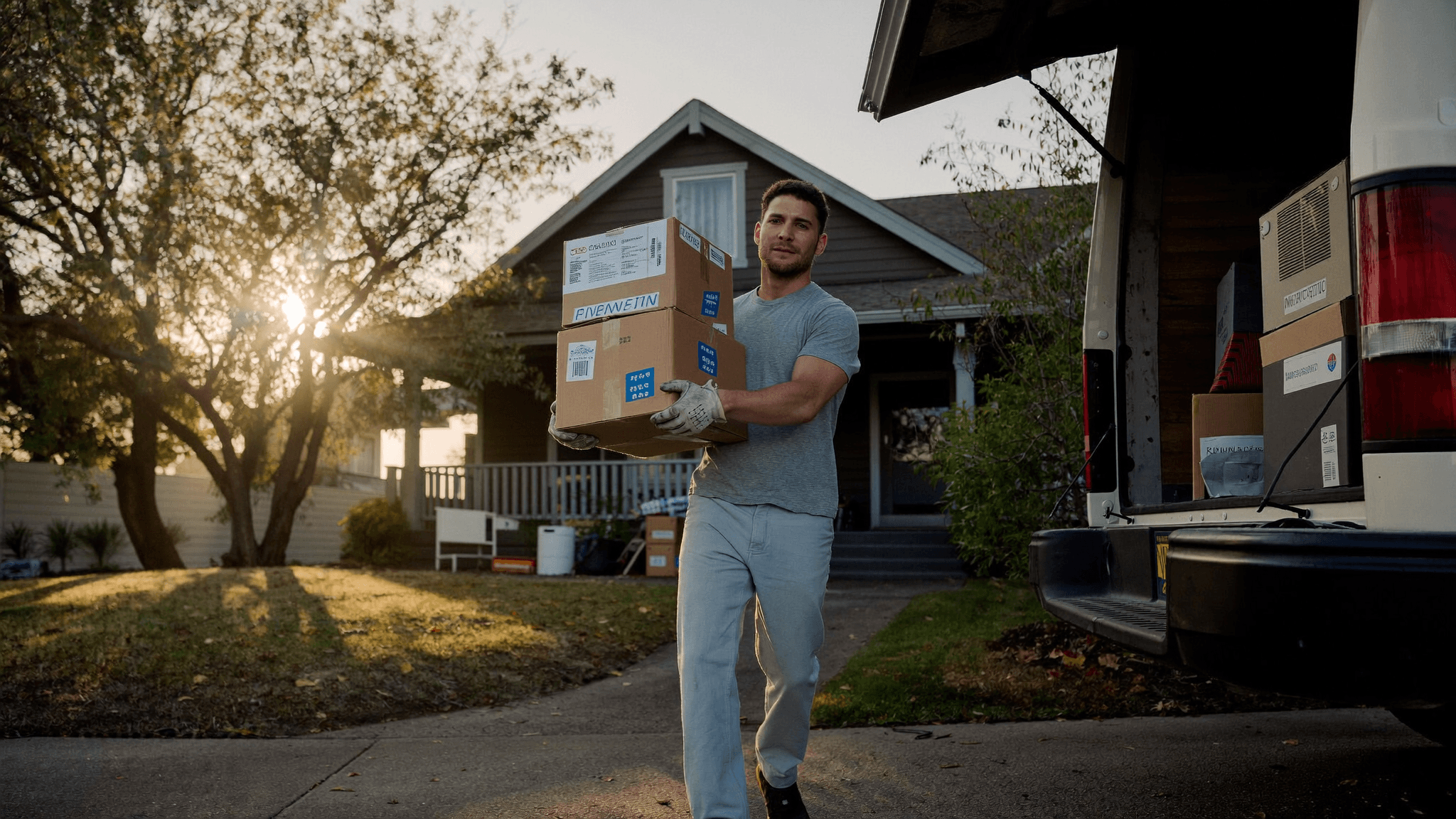 One-Day Jober carrying moving boxes to a truck in Austin