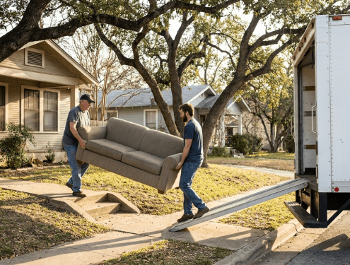 Two movers carrying a sofa down the front steps of an Austin house to a waiting moving truck