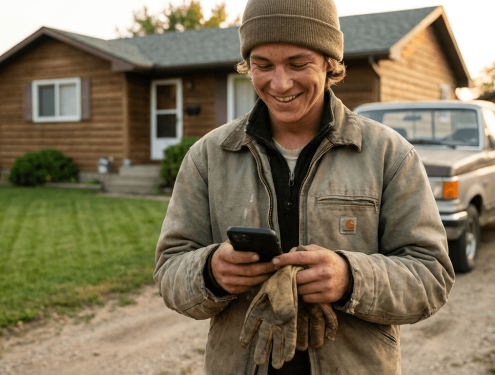 A young worker in work clothes smiling at his phone after finishing a paid one-day job