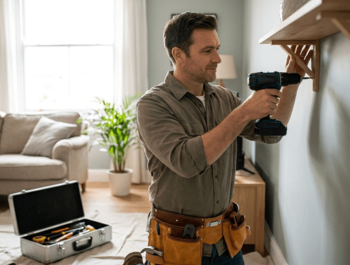 A handyman mounting a shelf on a living-room wall with a cordless drill, toolbox open on the floor