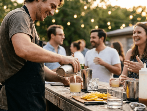 A bartender pouring drinks at a backyard party while guests wait at the bar