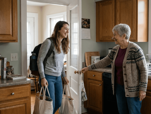 A helper carrying grocery bags into an older womans kitchen while she welcomes him in