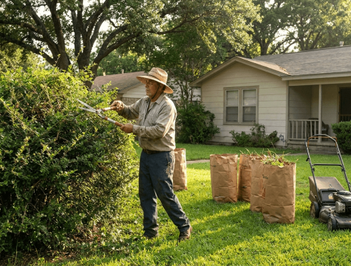 A yard worker trimming an overgrown hedge in a Texas front yard, bags of garden waste and a mower on the lawn