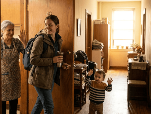 A young mother leaving her apartment for a day of work while her child waves goodbye from the doorway