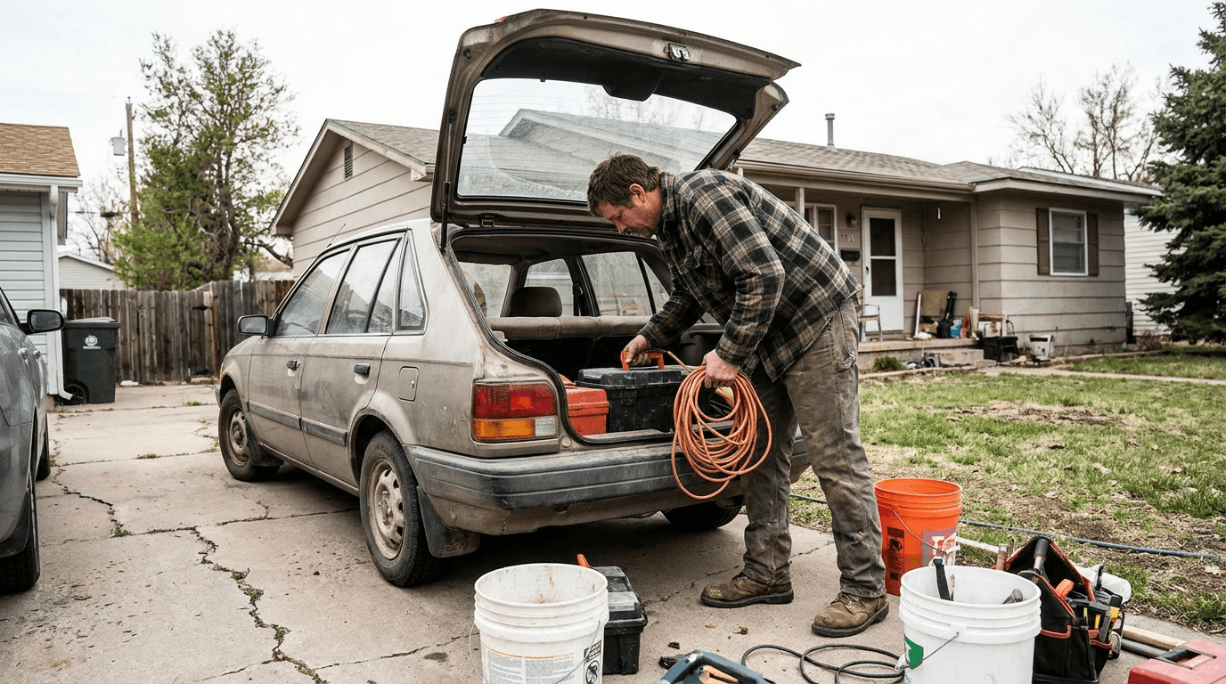 A worker loading tools into the back of a car in a driveway before a day job