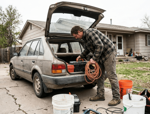A worker loading tools into the back of a car in a driveway before a day job