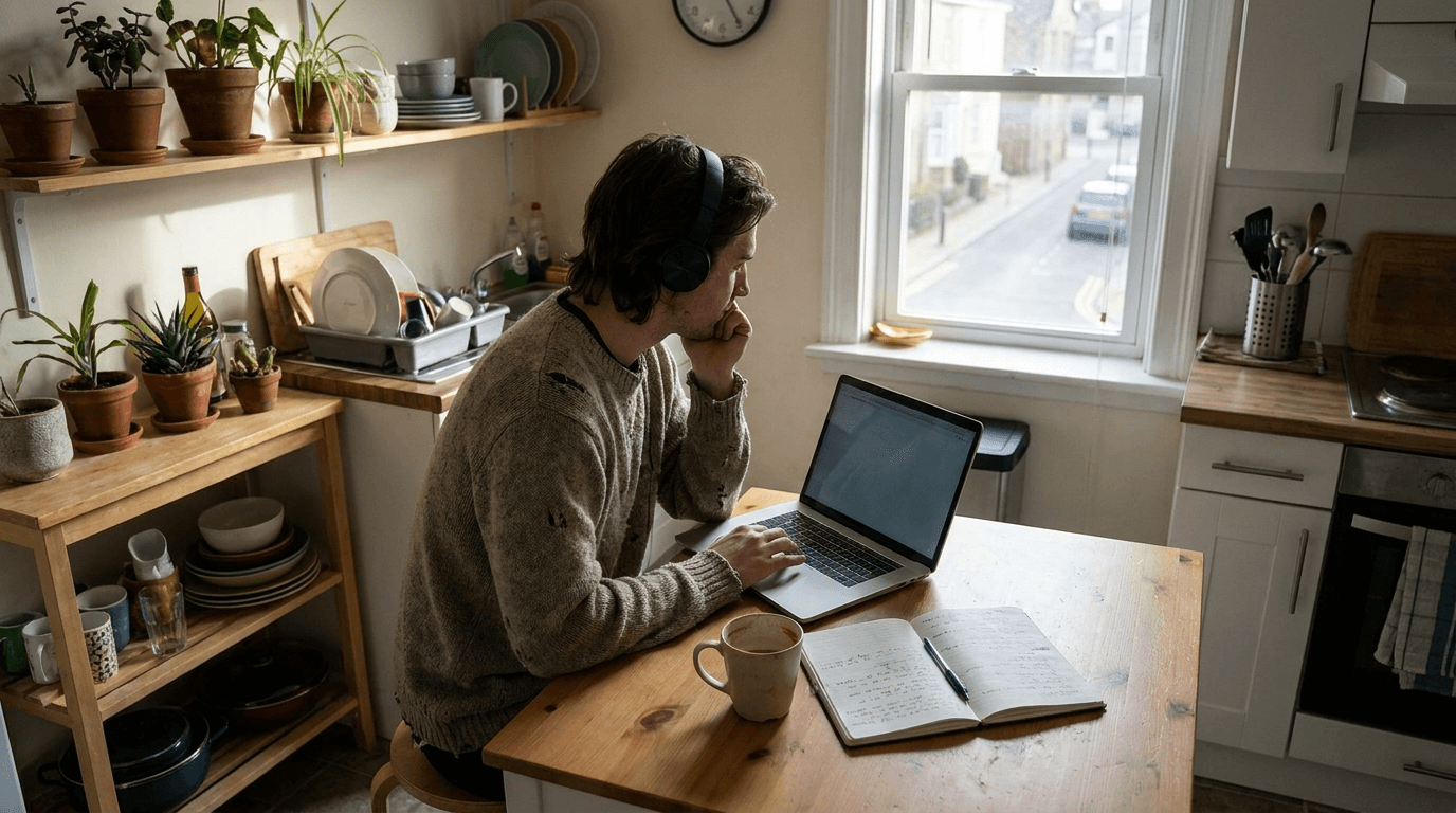 A freelancer working on a laptop at a kitchen table in the morning light