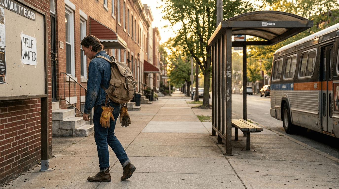 A person with a backpack and work gloves walking through a residential neighbourhood past a bus stop