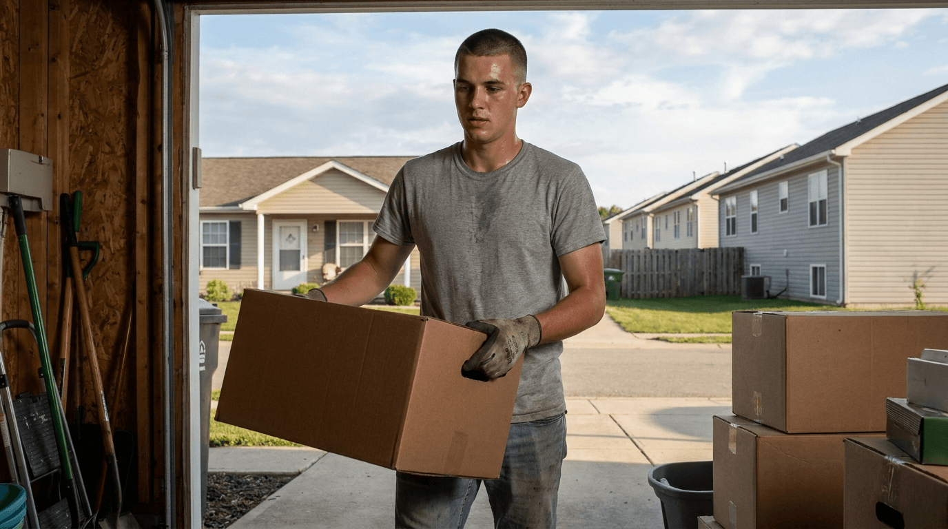 A young man carrying moving boxes out of a garage during off-duty weekend work