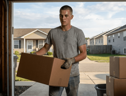A young man carrying moving boxes out of a garage during off-duty weekend work