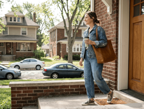 A woman leaving her front door with a coffee on her way to a flexible day of work