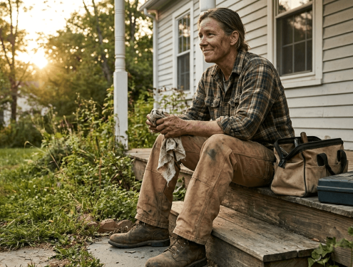 A worker resting on a porch step at the end of a job, tools packed up beside him