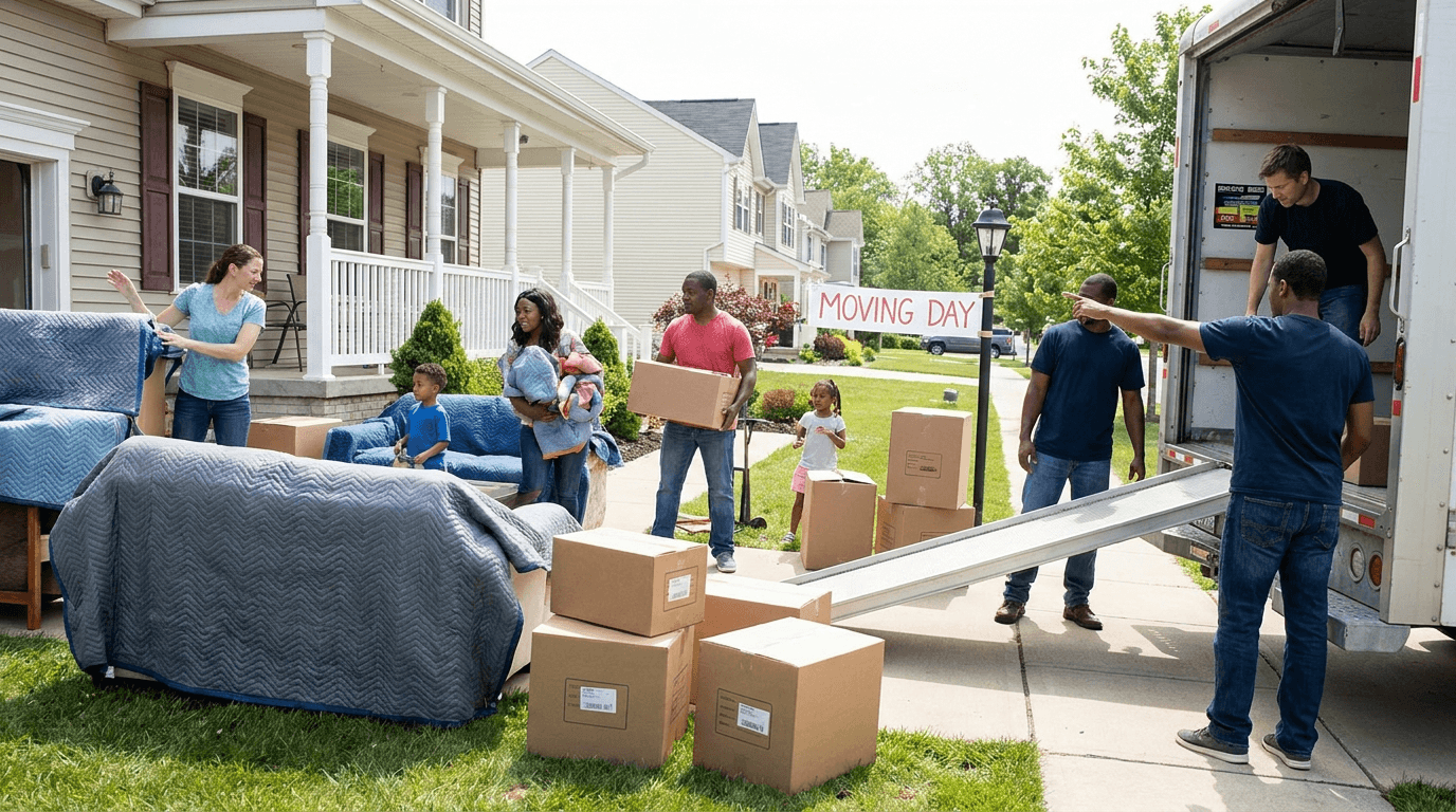 A family and two helpers loading a rental moving truck outside a house on moving day