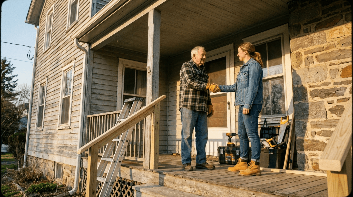 A homeowner shaking hands with a helper on the front porch after a finished job