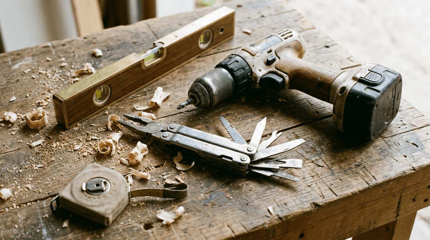 A cordless drill, spirit level, multi-tool and tape measure laid out on a wooden workbench