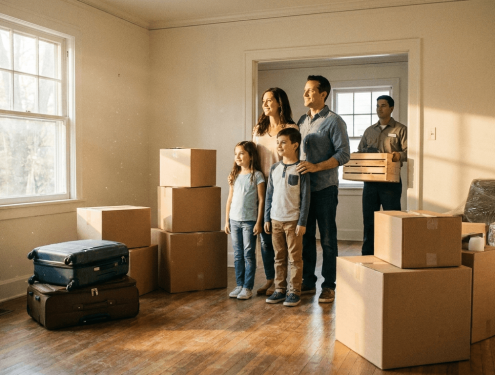 A family standing among packed boxes and suitcases in an empty living room before relocating