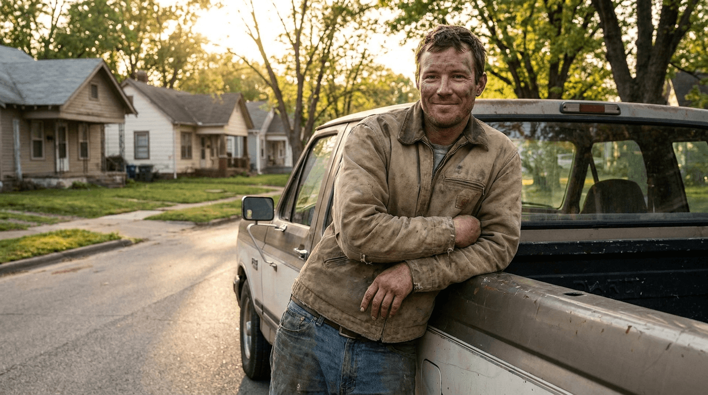 A working man leaning against his pickup truck at the end of a day, quietly proud