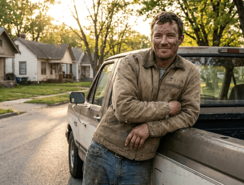 A working man leaning against his pickup truck at the end of a day, quietly proud