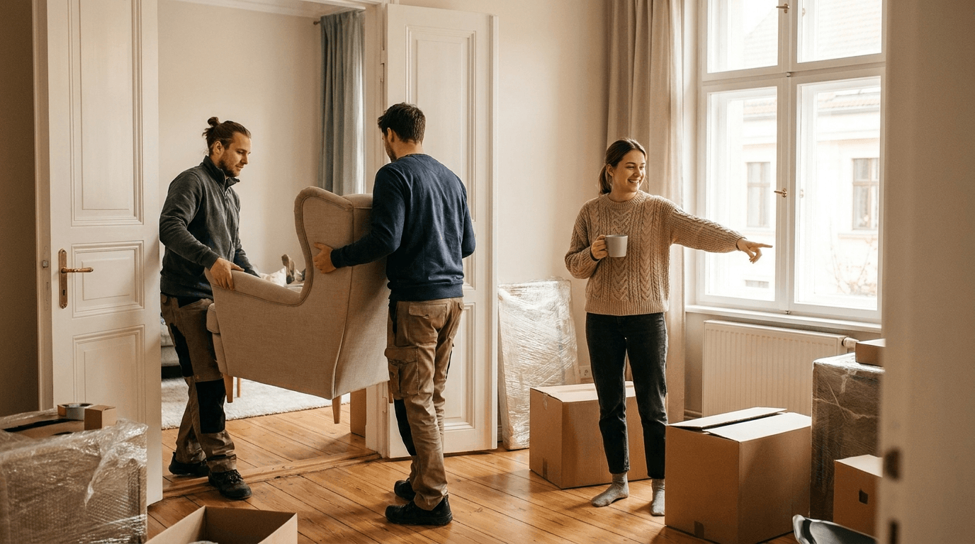 Two helpers carrying furniture into a bright apartment while the tenant shows them where it goes