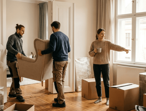 Two helpers carrying furniture into a bright apartment while the tenant shows them where it goes