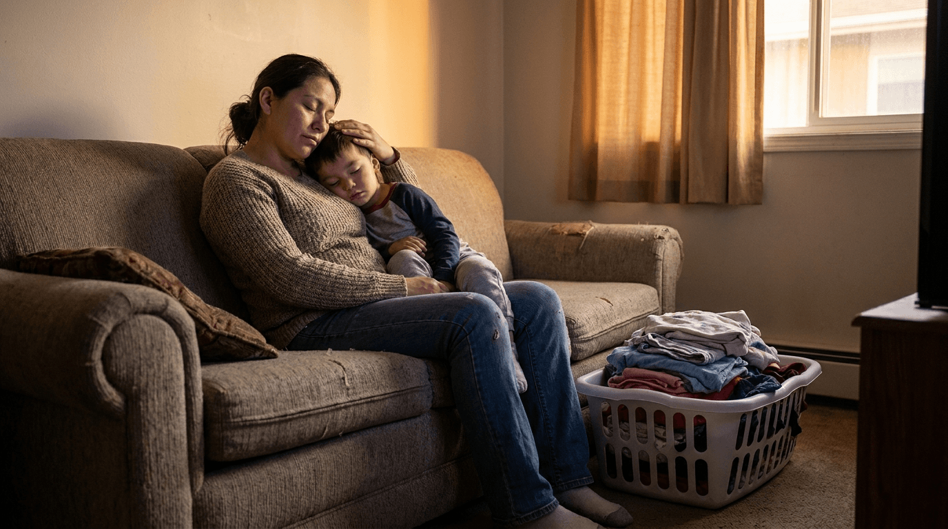 A single mother resting on the couch in the evening with her sleeping child against her shoulder